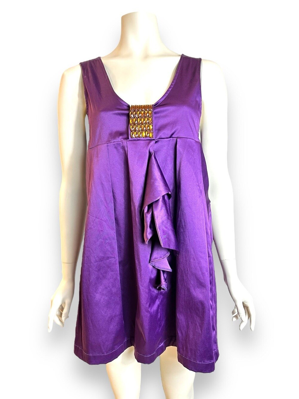 Vintage Chloe Mini Dress Women's 4 Purple 100% Silk Ruffle Pockets Crystals Y2K